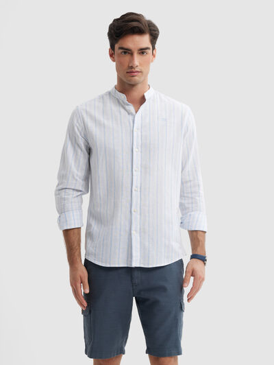 CAMISA LINO RAYAS MAO CELESTE