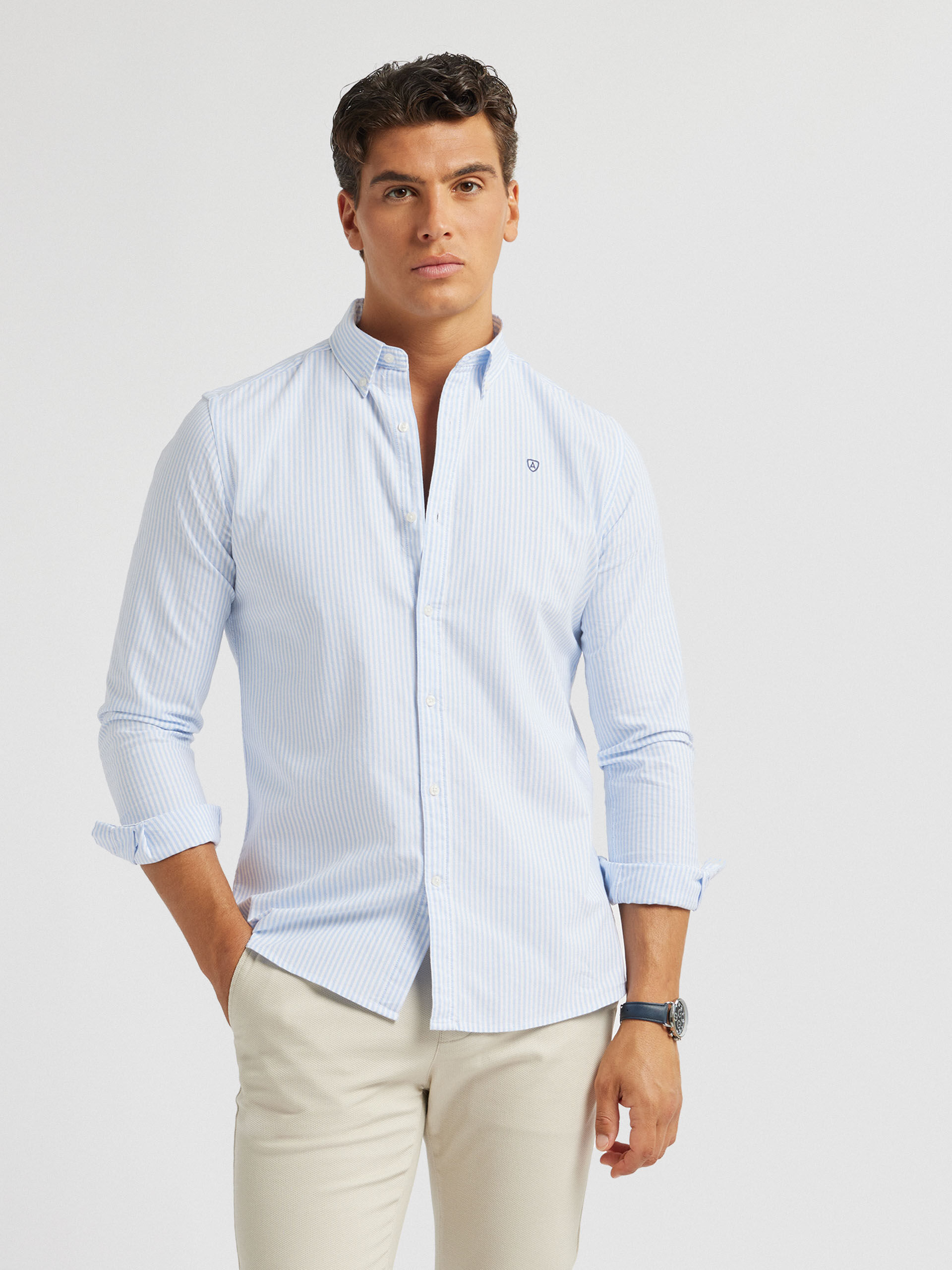 Camisa rayas 2025 celeste hombre