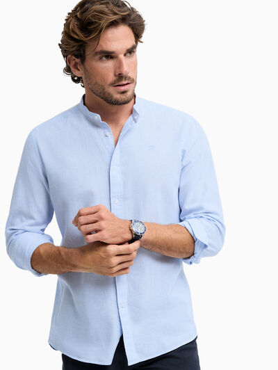 CAMISA LINO RAYAS MAO CELESTE