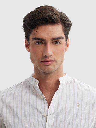 CAMISA LINO RAYAS MAO BEIGE