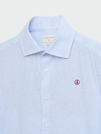 CAMISA LINO RAYAS CELESTE