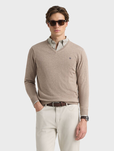 JERSEY V-NECK BASIC CAMEL