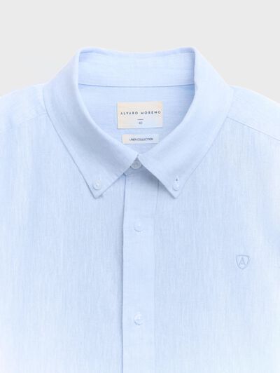 CAMISA LINO C.BOTON CELESTE