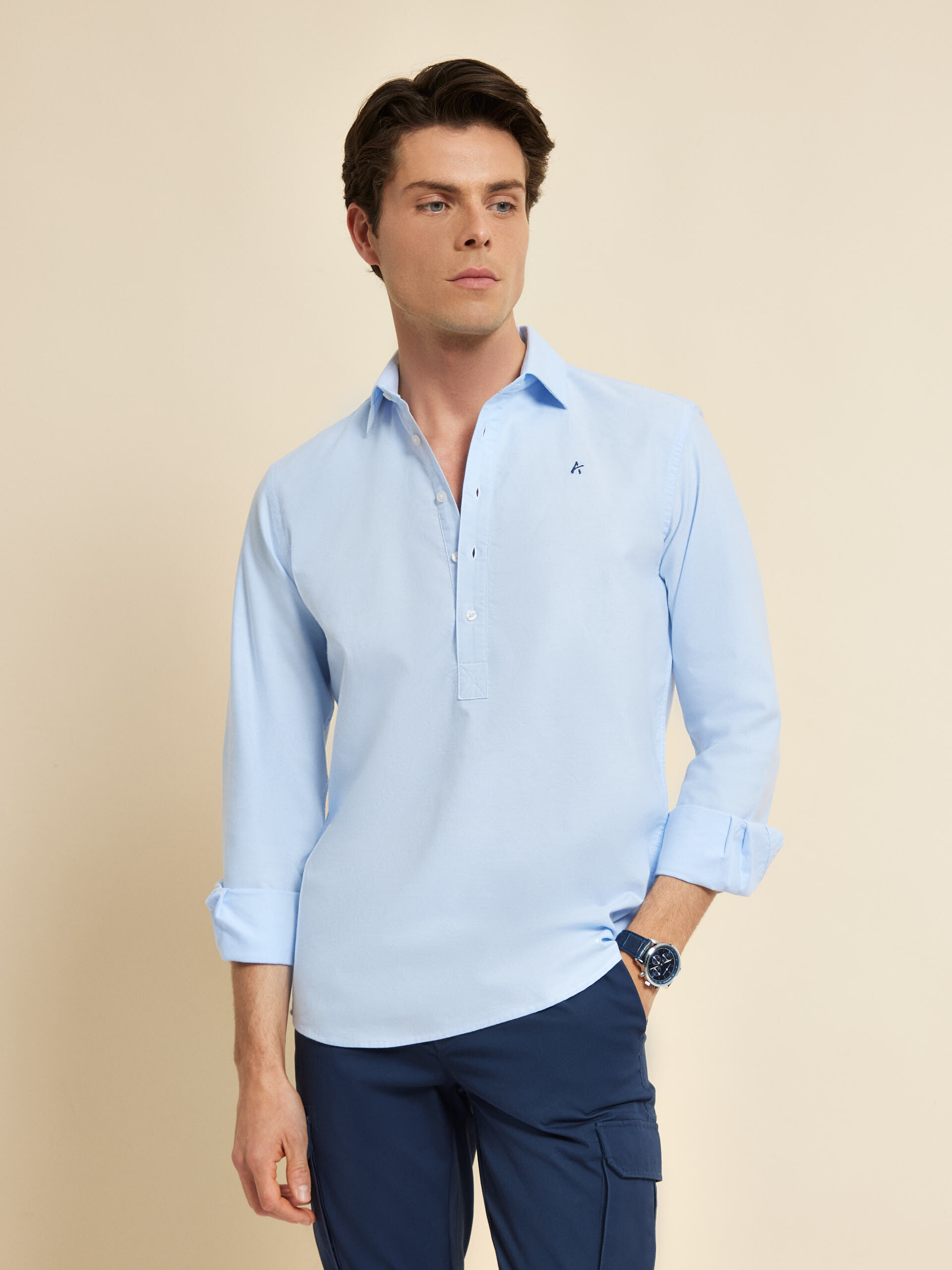 CAMISA POLERA OXFORD CELESTE