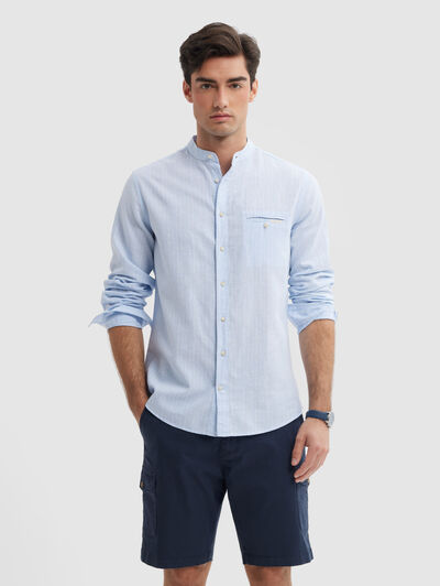 CAMISA LINO RAYAS MAO CELESTE