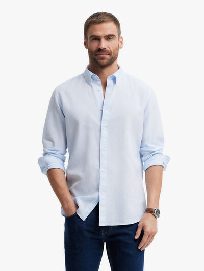 CAMISA LINO C.BOTON CELESTE