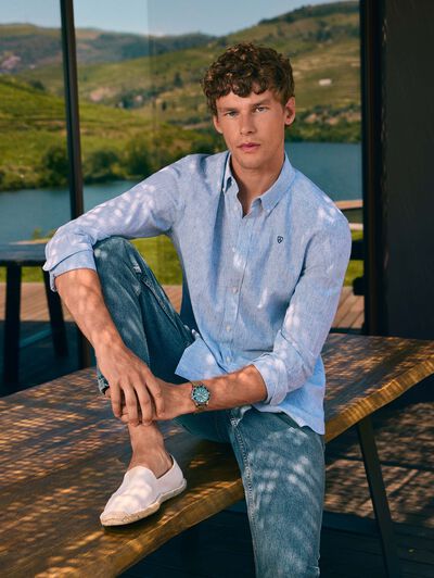 CAMISA LINO MIL RAYAS AZUL MARINO