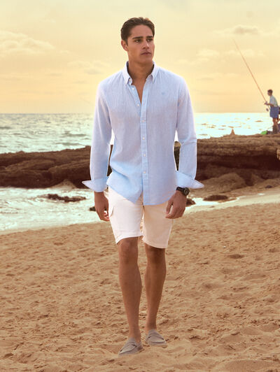 CAMISA LINO C.BOTON CELESTE