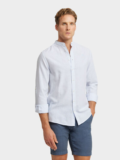 CAMISA LINO RAYAS MAO CELESTE