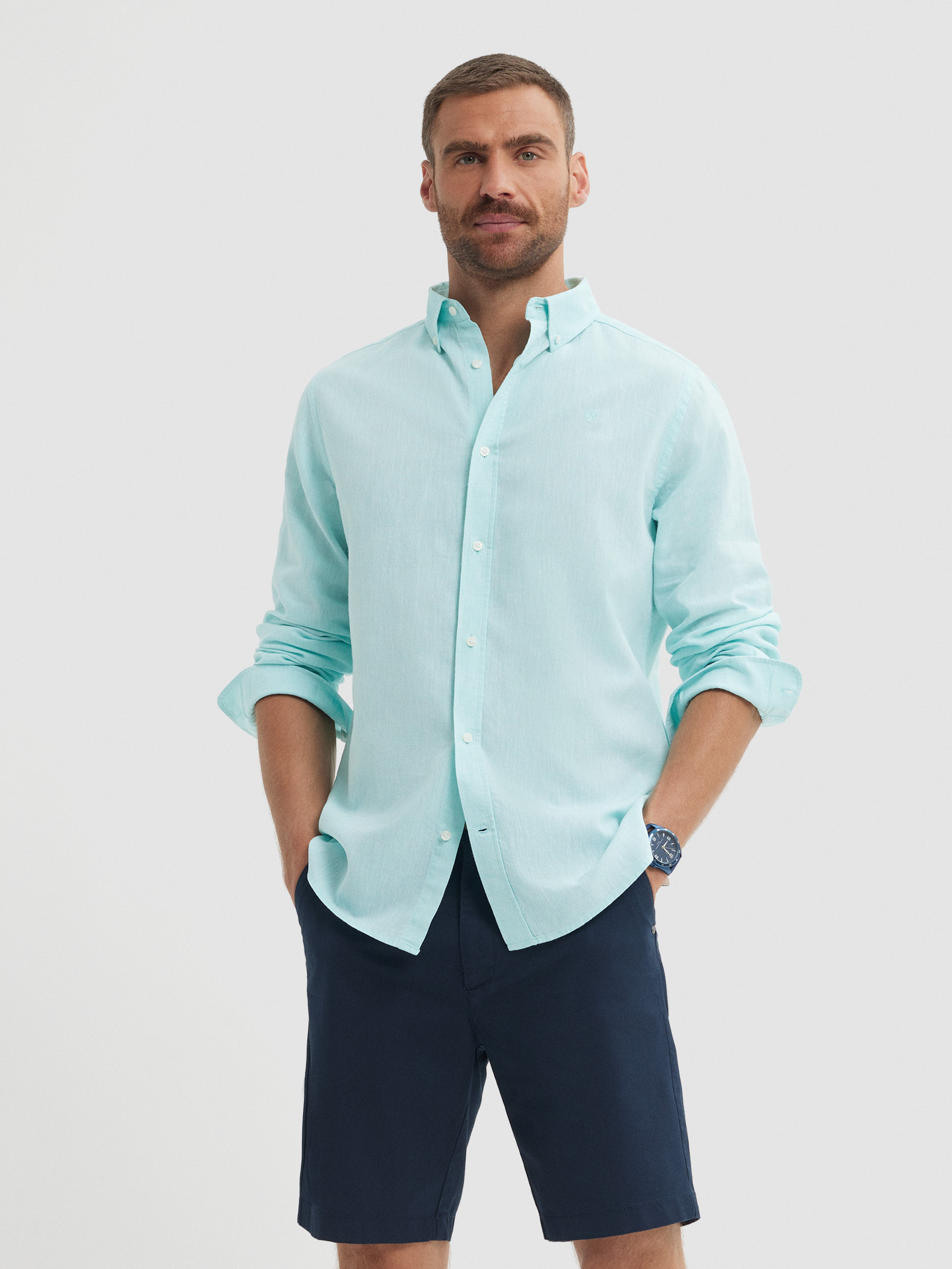 CAMISA LINO C. BOTON VERDE AGUA