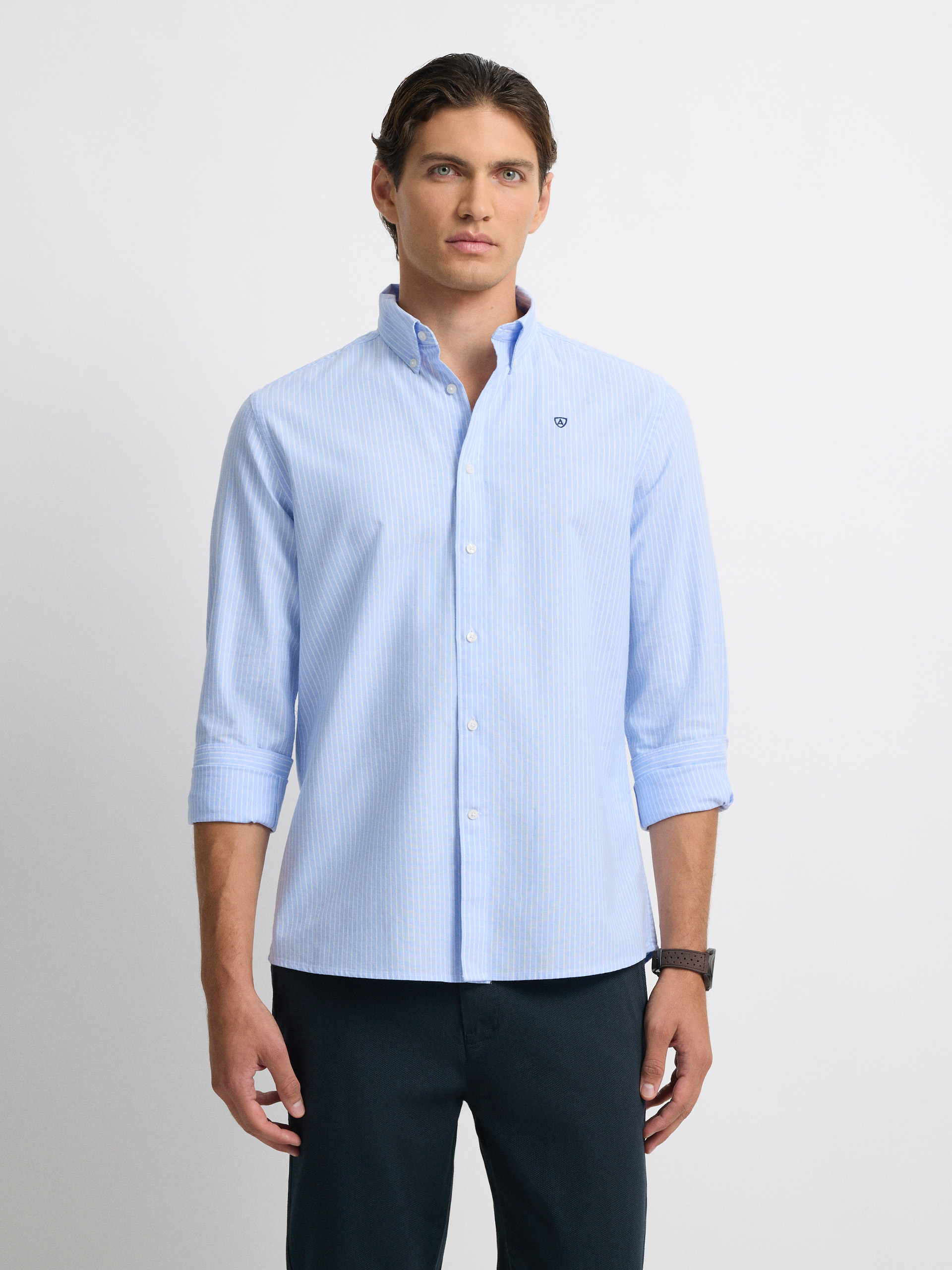 CAMISA OXFORD RAYAS DOWN CELESTE