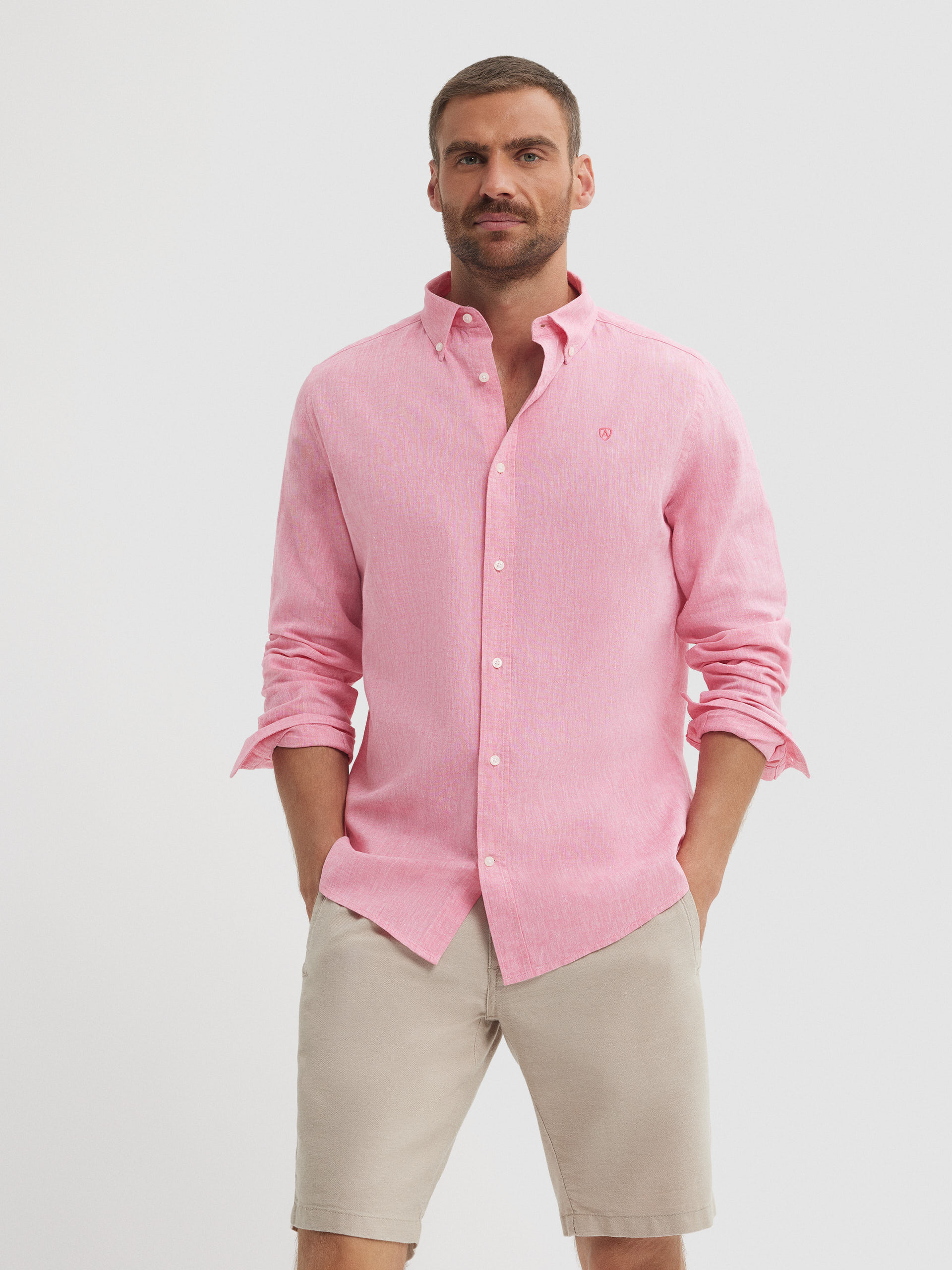 CAMISA LINO C. BOTON CORAL