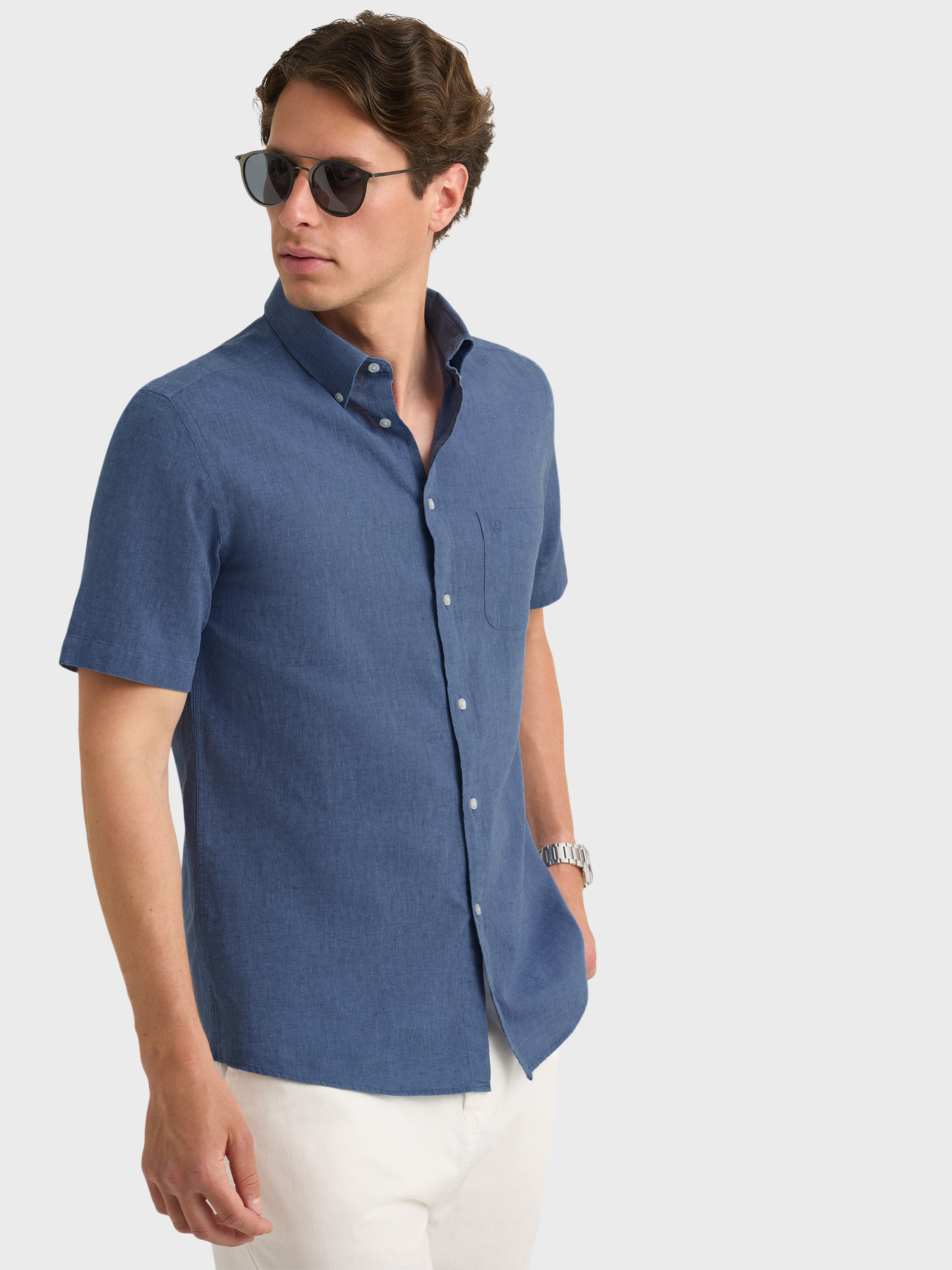 CAMISA LINO M.CORTA AZUL MARINO