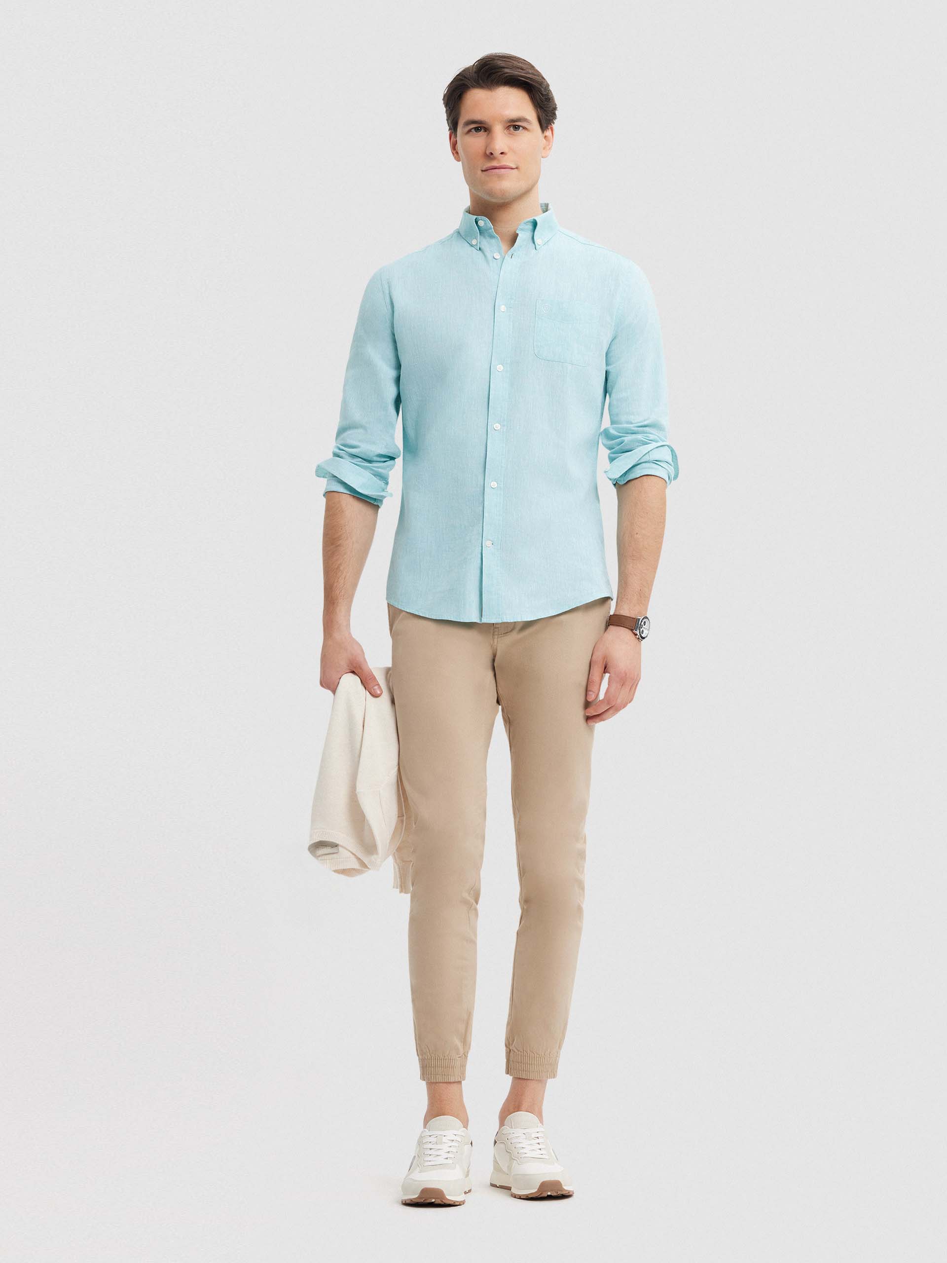 CAMISA LINO BOLSILLO TURQUESA