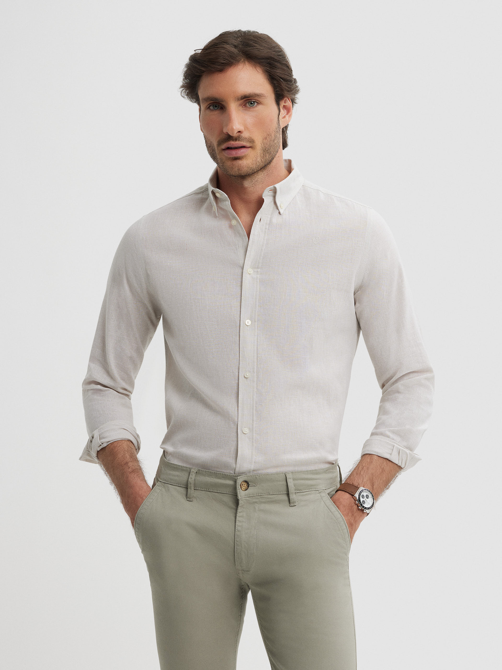 CAMISA LINO PATA GALLO BEIGE