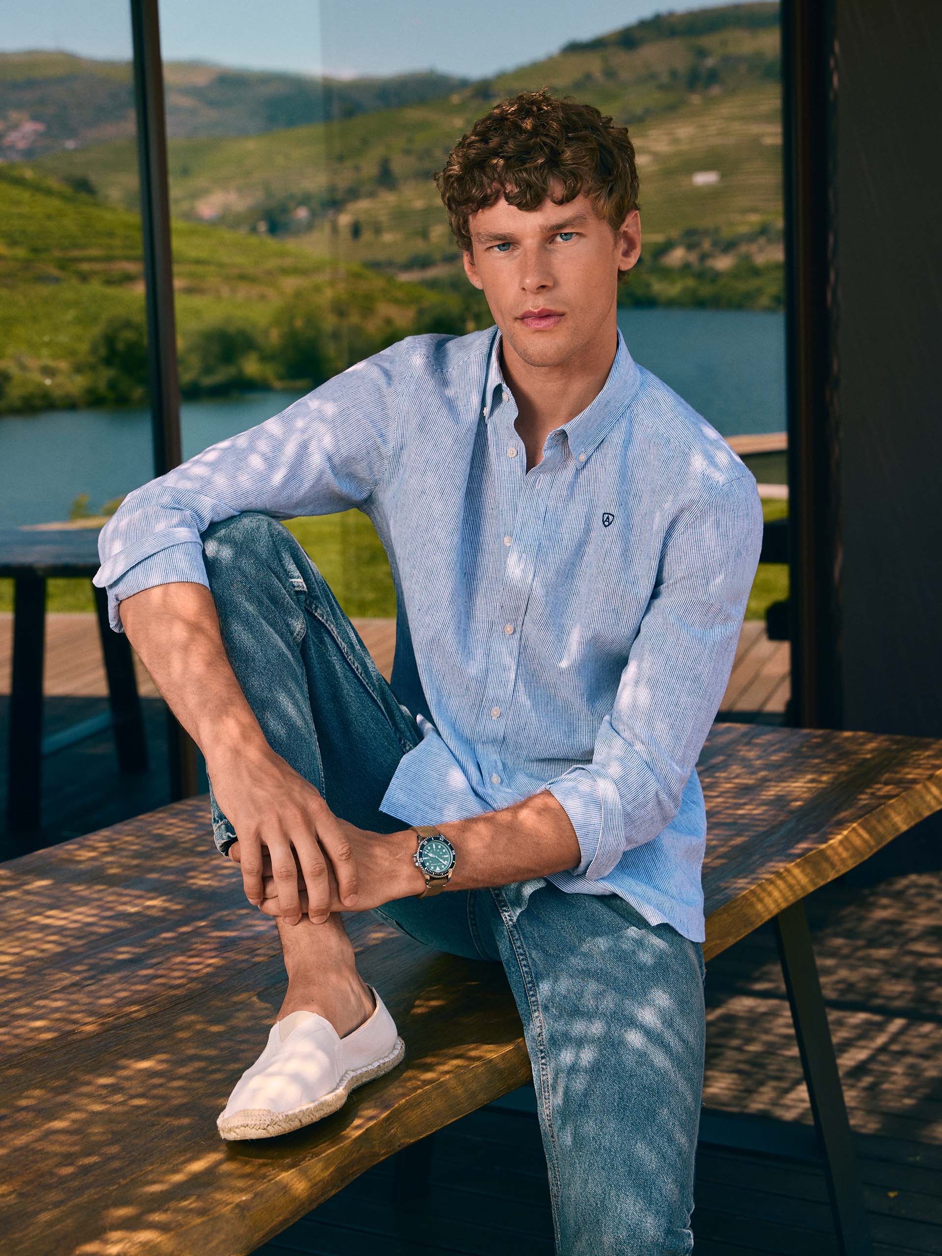 CAMISA LINO MIL RAYAS AZUL MARINO