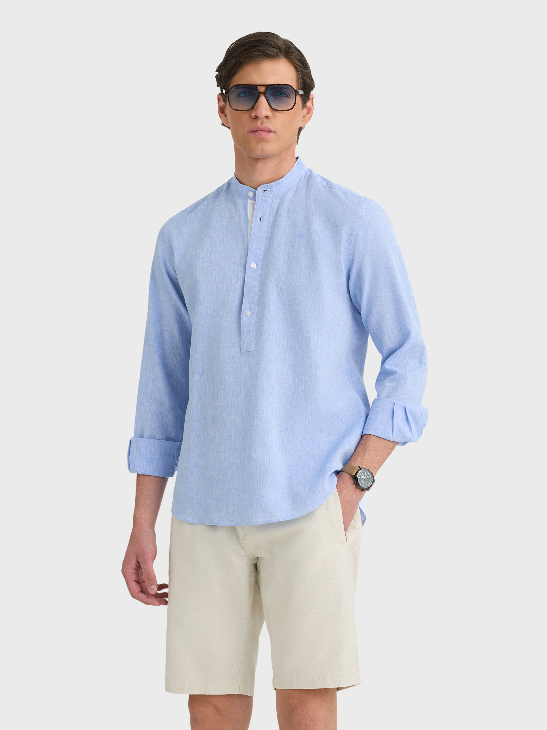 POLERA LINO MAO CONTRASTE CELESTE