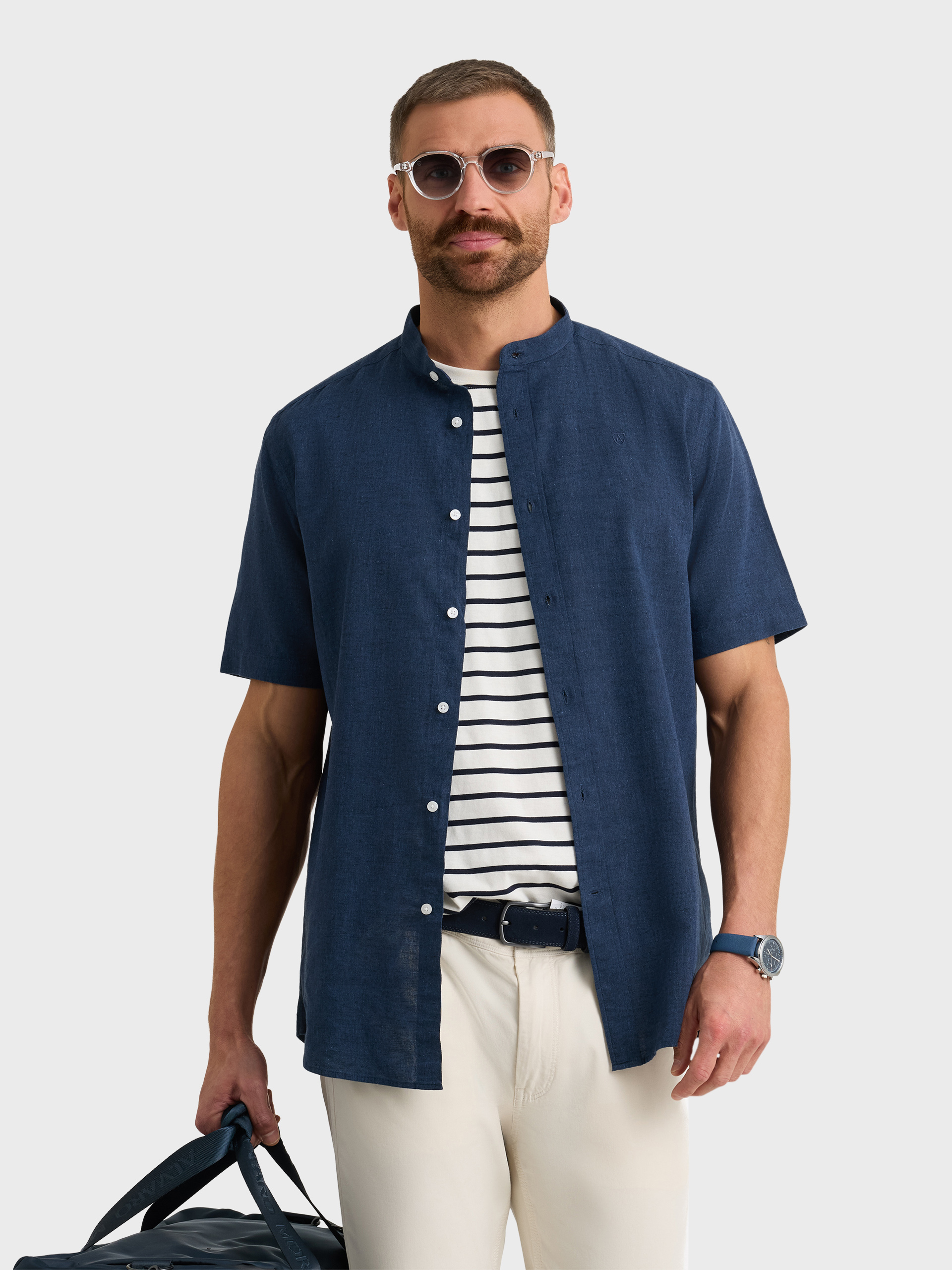 CAMISA LINO M.CORTA MAO AZUL MARINO