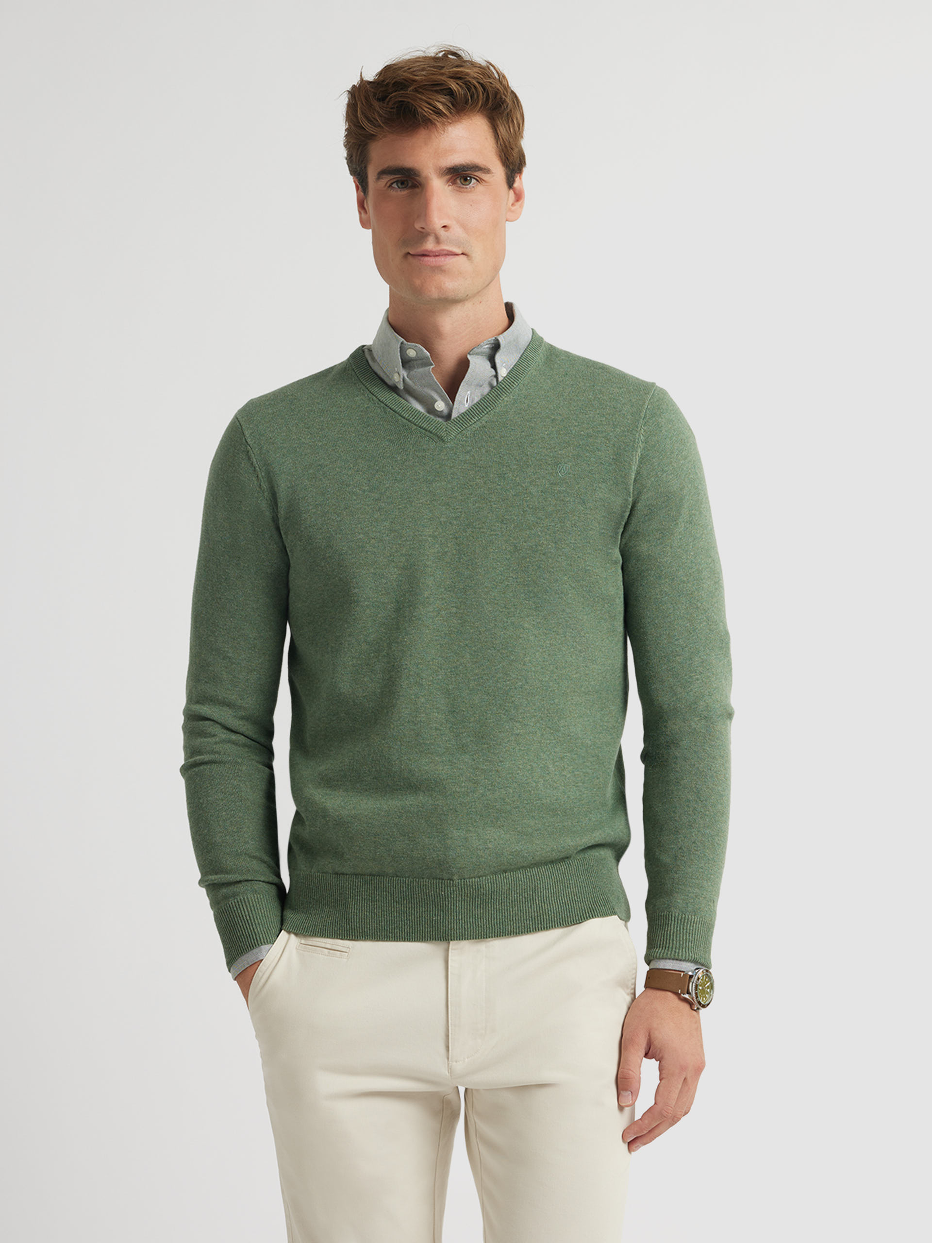 Jersey De Hombre Con Cuello Pico 100% Lana Verde